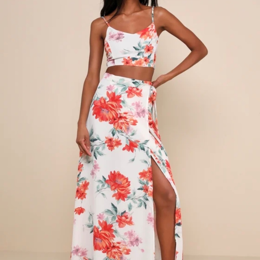 Lulus Bloom With a View White Floral Print Two-Piece Maxi Dress